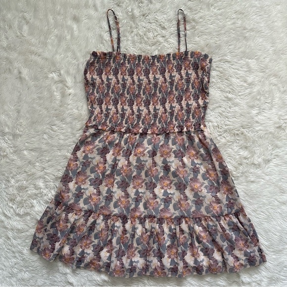 Aritzia Wilfred Dress Tempest Sleeveless Mini Smocked Tiered Chiffon Floral L - Picture 2 of 11